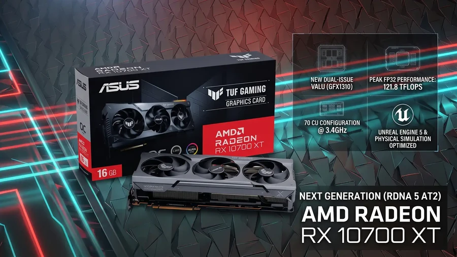 Логотип AMD Radeon на фоне светящихся линий и упаковка видеокарты RX 10700 XT.