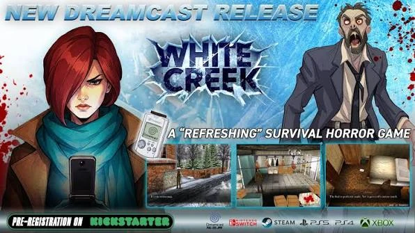 Женщина с телефоном и мужчина с испуганным выражением лица на фоне игры White Creek.