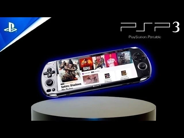 Консоль PSP 3 на фоне черного экрана, динамично размещенная на пьедестале.