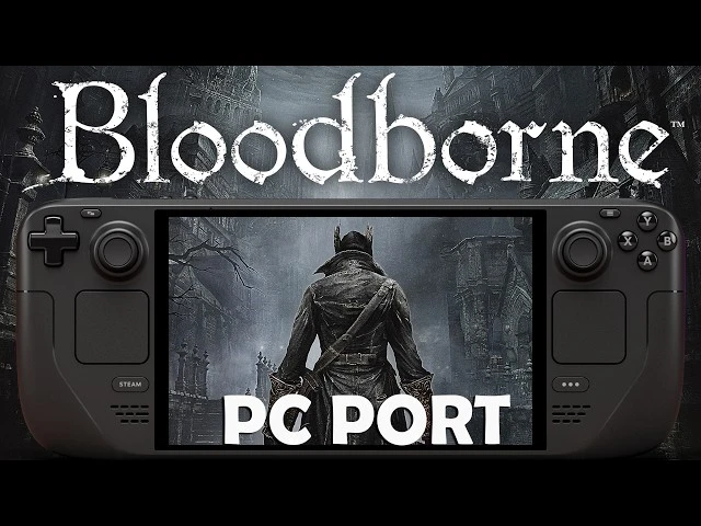 Логотип игры Bloodborne с изображением персонажа на фоне мрачного города.