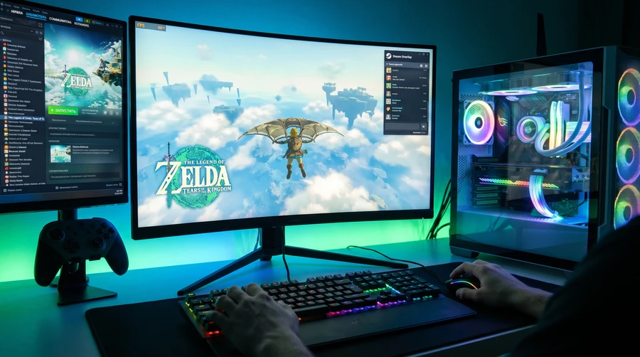 Игровой компьютер с двумя экранами, на одном показана игра The Legend of Zelda.