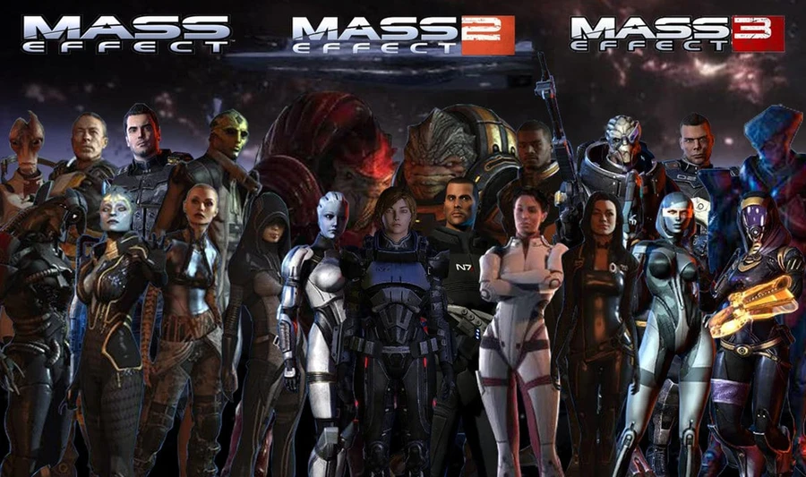 Группа персонажей из игры Mass Effect, каждый в уникальном наряде и с оружием.