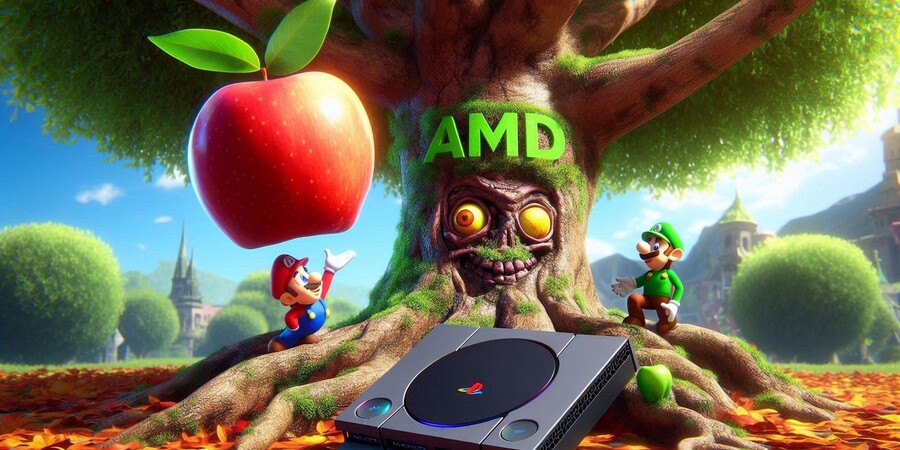 Два персонажа в цветовом лесу стоят около дерева с логотипом AMD и яблоком.