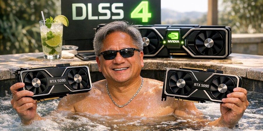 Мужчина в очках сидит в джакузи, держит две видеокарты, на фоне надпись "DLSS 4".