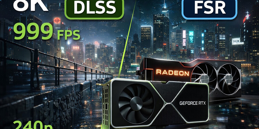 Логотипы графических карт GeForce и Radeon на фоне городского пейзажа ночью.