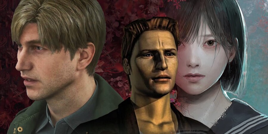 Трое персонажей из видеоигр на фоне красных листьев.