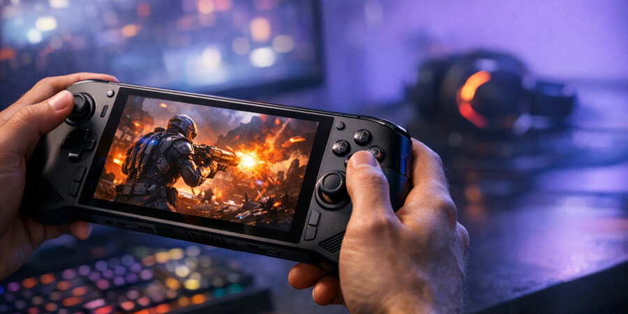 Рука держит портативную игровую консоль с активной игрой на экране.