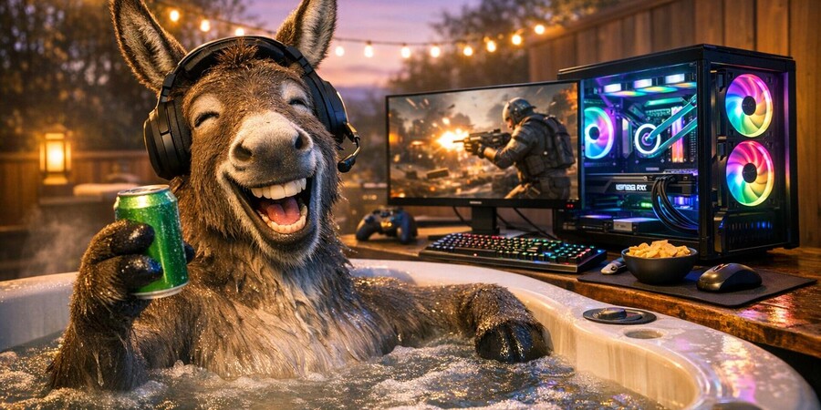 Осел в наушниках улыбается, держа банку, в джакузи рядом с игровым компьютером.