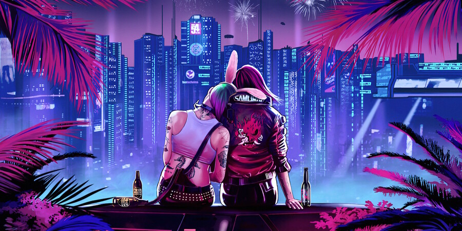 Два персонажа с яркими волосами, обнимающиеся на фоне неонового города Cyberpunk 2077.