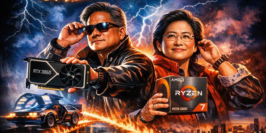 На фоне футуристического города два человека держат компьютерные компоненты.