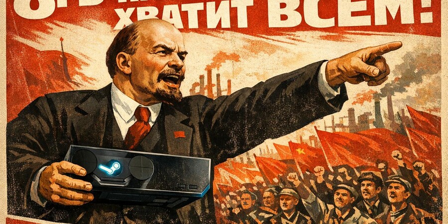 Ленин с колонкой в руке обращается к толпе, на фоне красные флаги.