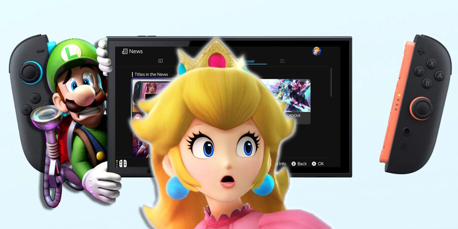 Принцесса Пич в розовом платье с удивленным выражением лица на фоне игрового экрана и персонажей.