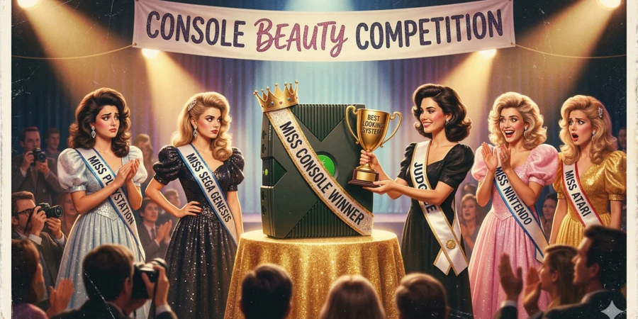 Шесть женщин в вечерних платьях на конкурсе красоты, одна из них держит трофей.