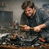 Мужчина в потёртой толстовке с яростью разбивает игровые приставки молотом.
