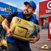 Мужчина в униформе Walmart держит коробку с видеоигрой и выглядит обеспокоенным на фоне магазинов.